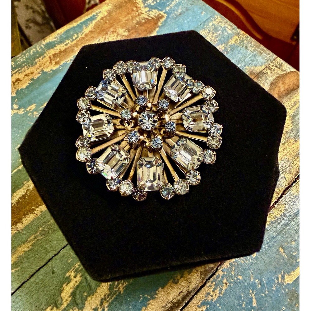 Vintage Silver Tone Pale Blue Rhinestone Starburst Brooch Pin 2" Statement